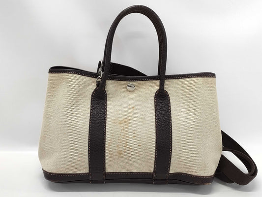 HERMES □I engraved Garden Party TPM Toile H handbag with shoulder strap