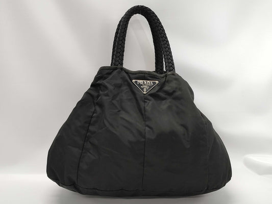 PRADA Nylon Triangle Logo Woven Hand Tote Bag