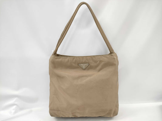 PRADA Nylon Hand Tote Bag/Beige/Silver Hardware/Triangle Plate Tote Bag