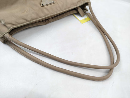 PRADA Nylon Hand Tote Bag/Beige/Silver Hardware/Triangle Plate Tote Bag