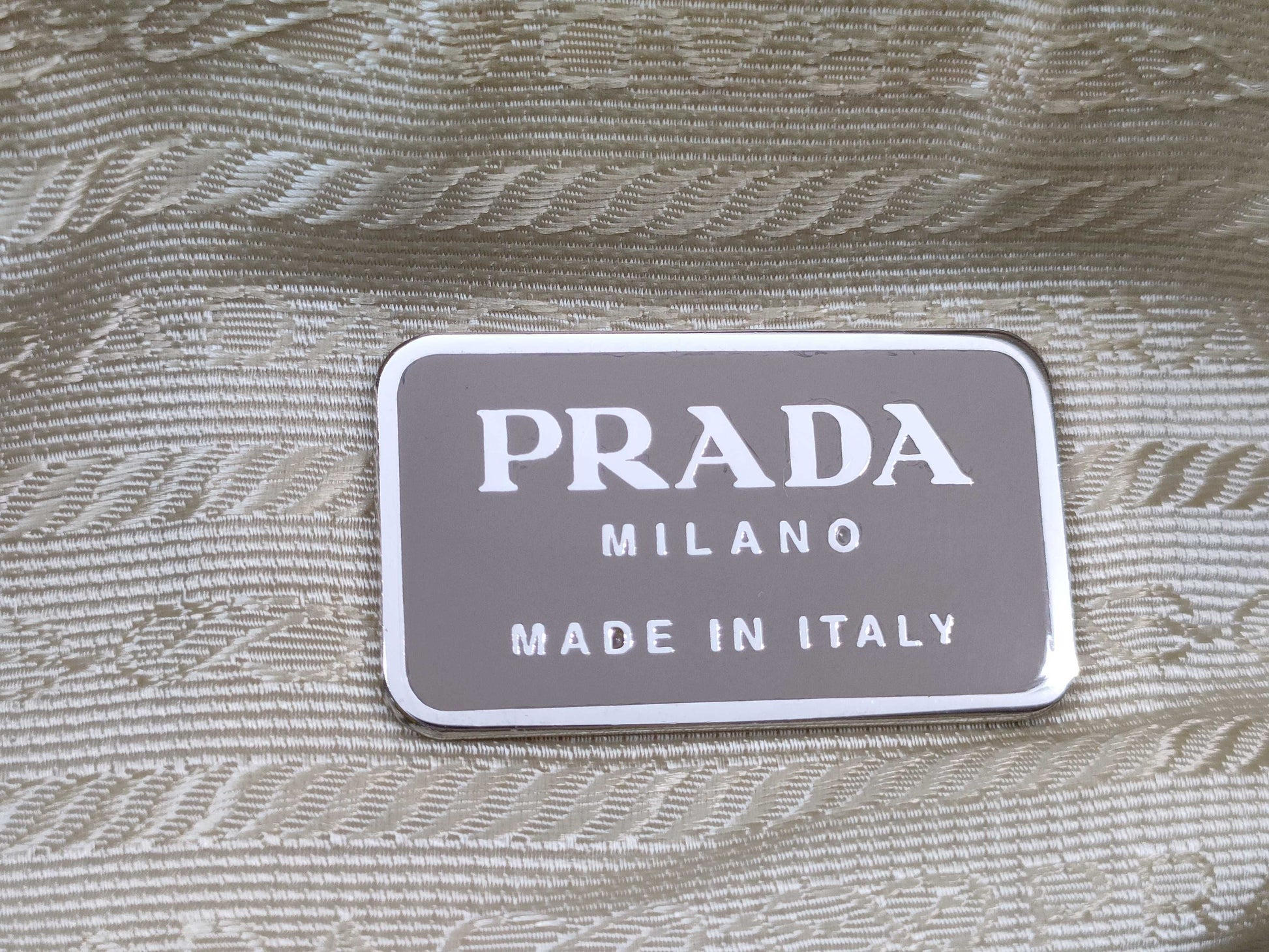 PRADA Nylon Hand Tote Bag/Beige/Silver Hardware/Triangle Plate Tote Bag