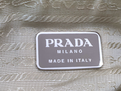 PRADA Nylon Hand Tote Bag/Beige/Silver Hardware/Triangle Plate Tote Bag