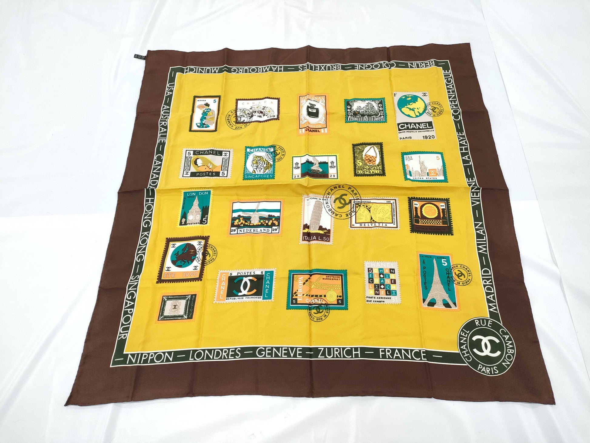 CHANEL Silk Stamp Pattern Brown Scarf