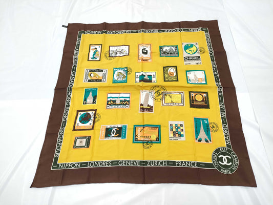 CHANEL Silk Stamp Pattern Brown Scarf
