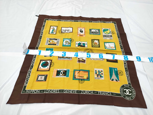 CHANEL Silk Stamp Pattern Brown Scarf