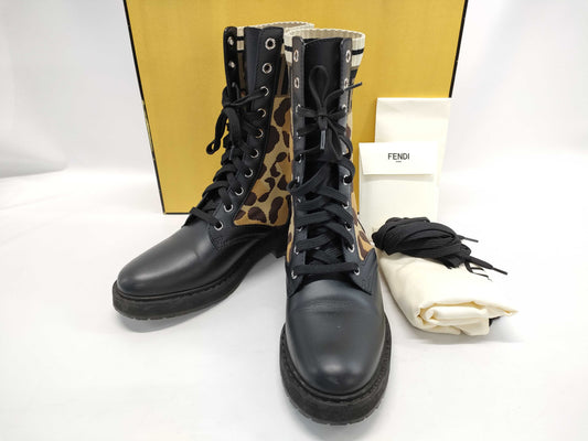 FENDI 8T6780 Leopard Animal FF Zucca Lace-up Boots Other Shoes