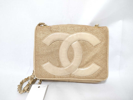 CHANEL 0893225 Raffia Coco Mark Straw Chain Shoulder Bag