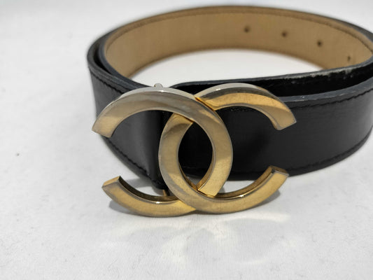 CHANEL Coco Mark Coco Mark Leather x Metal Black Belt