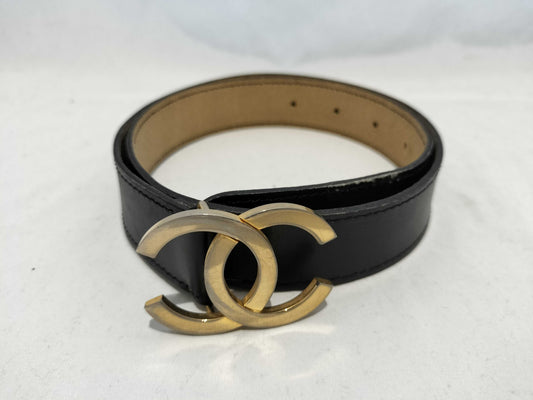 CHANEL Coco Mark Coco Mark Leather x Metal Black Belt