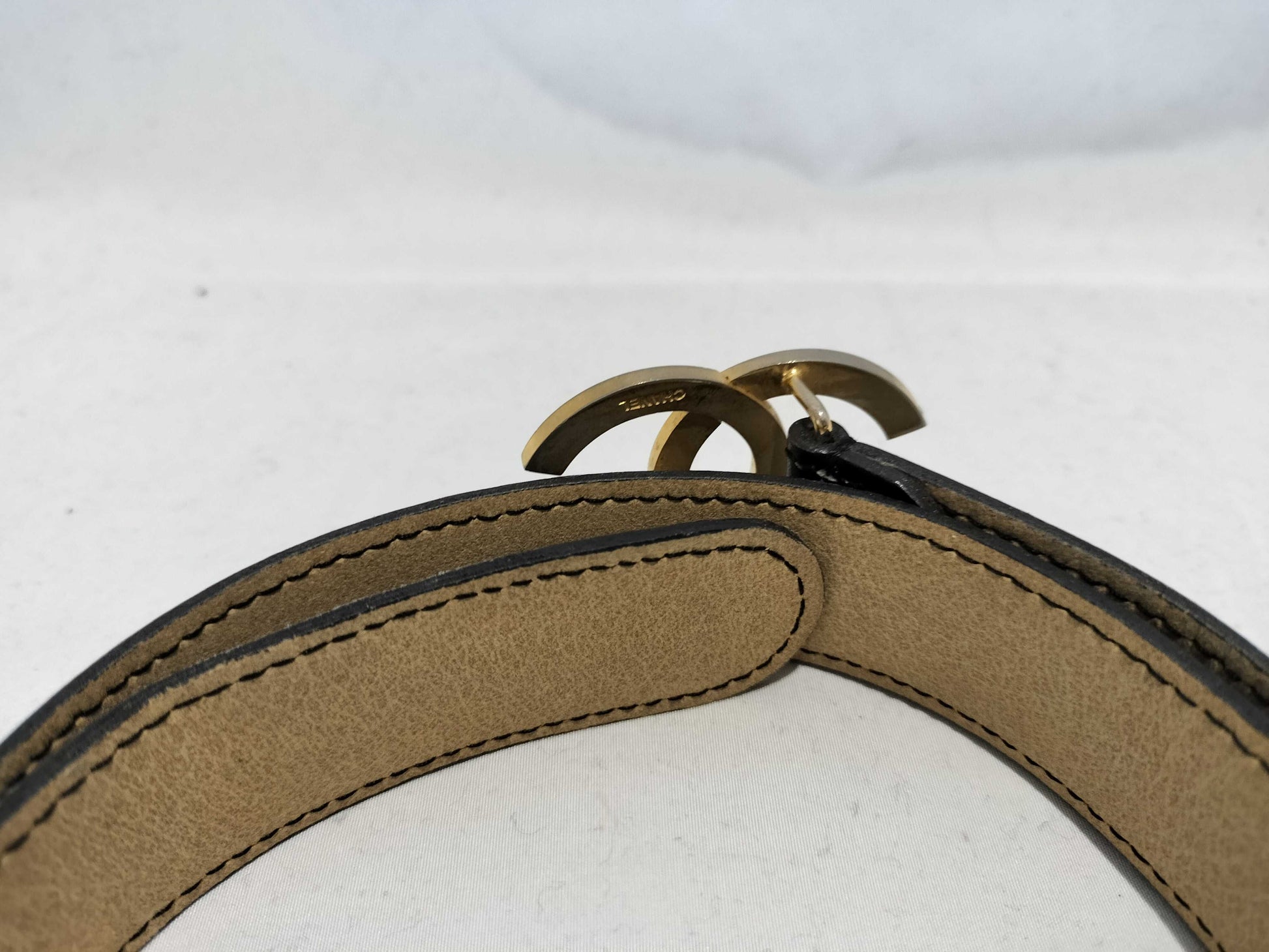 CHANEL Coco Mark Coco Mark Leather x Metal Black Belt