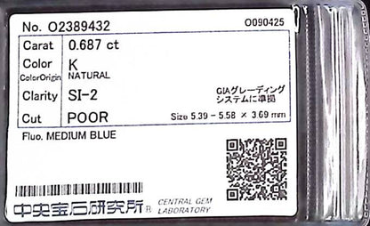 0.687ct K SI-2 POOR/GD/FR MEDIUM BLUE NATURAL 5.39-5.58X3.69mm Diamond Loose