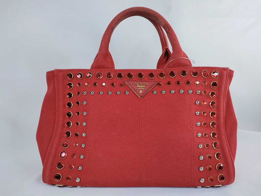 PRADA Bejeweled Canapa Canvas Handbag