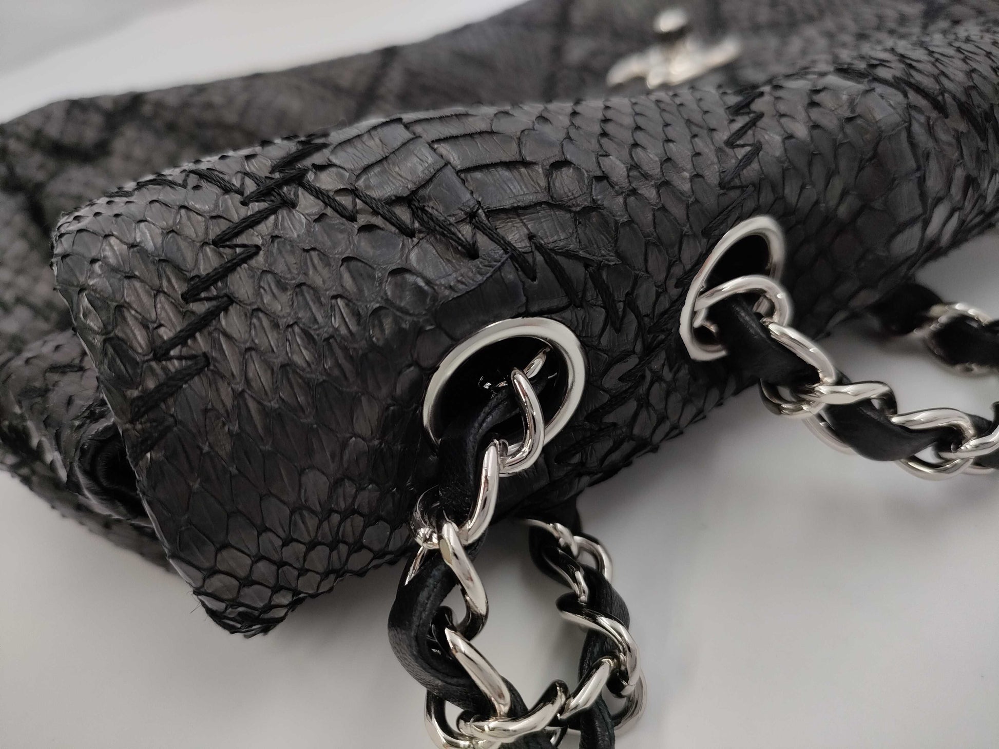CHANEL Python Double Chain Bag, No. 15, Black, Warranty Included, Shoulder Bag