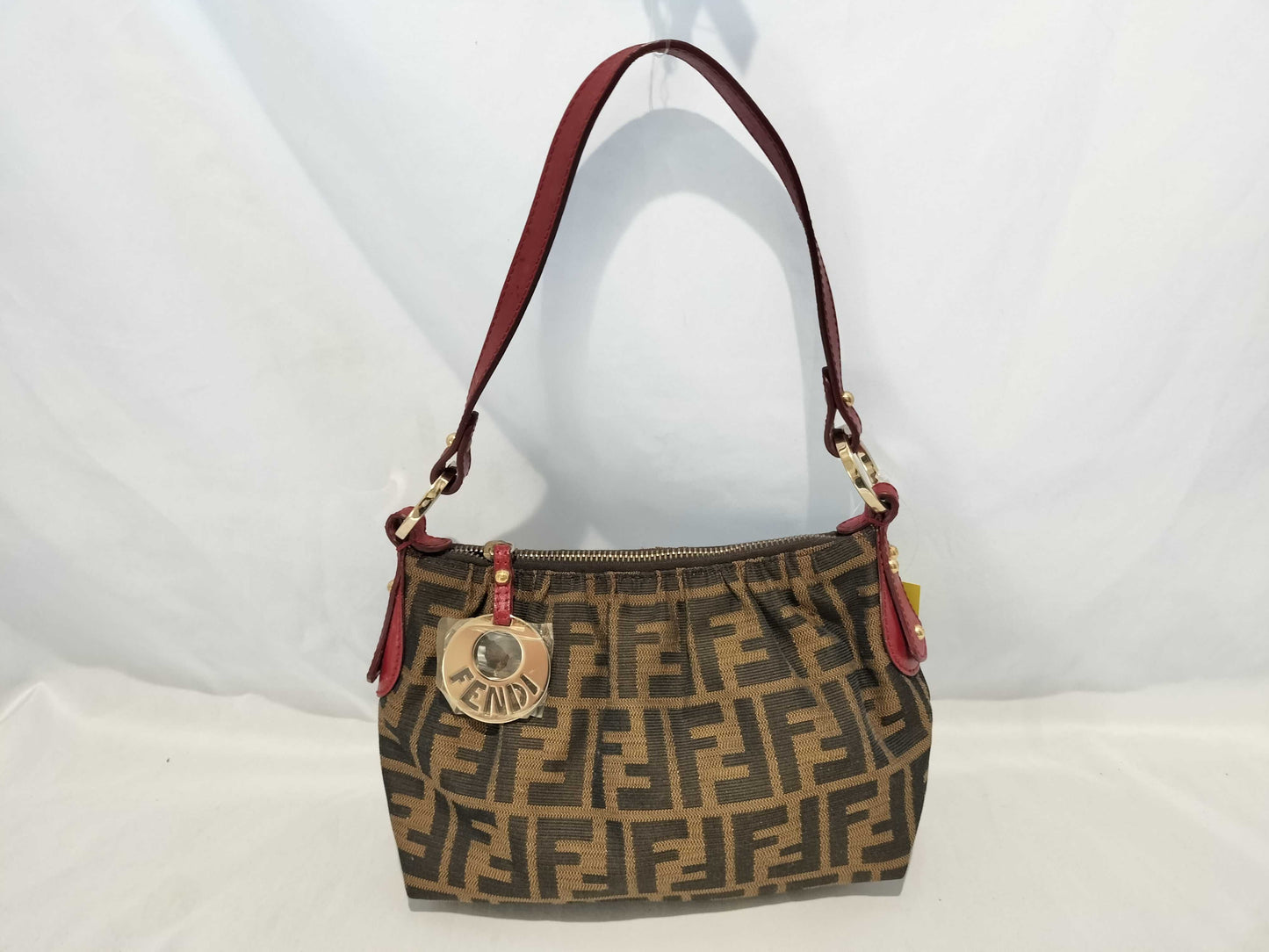 FENDI 8BR454 Zucca Pattern Leather Handbag Brown/Red with Circle Logo Hardware