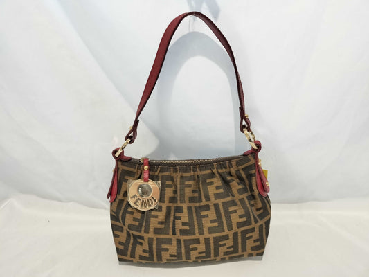 FENDI 8BR454 Zucca Pattern Leather Handbag Brown/Red with Circle Logo Hardware