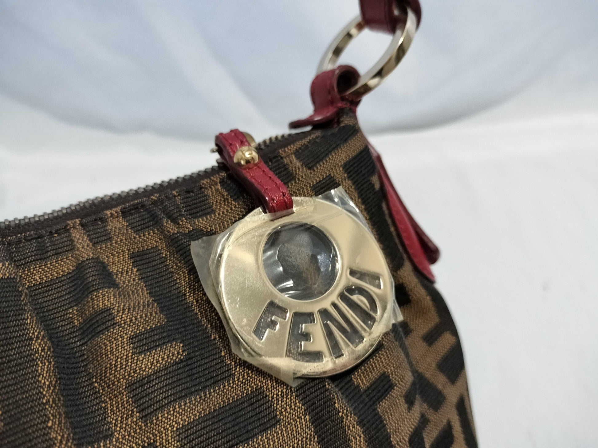 FENDI 8BR454 Zucca Pattern Leather Handbag Brown/Red with Circle Logo Hardware