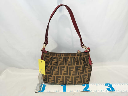 FENDI 8BR454 Zucca Pattern Leather Handbag Brown/Red with Circle Logo Hardware