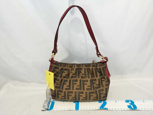 FENDI 8BR454 Zucca Pattern Leather Handbag Brown/Red with Circle Logo Hardware