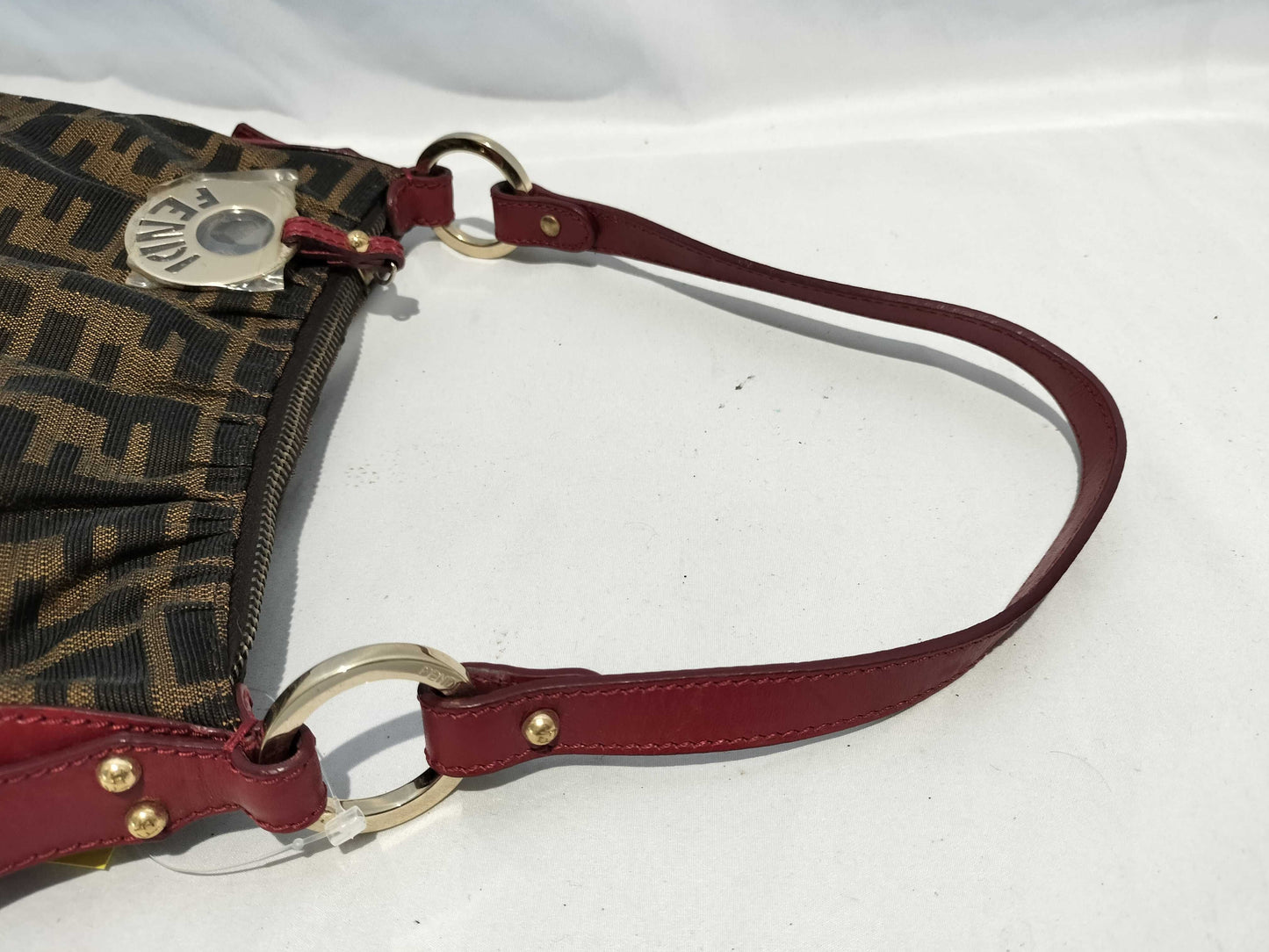 FENDI 8BR454 Zucca Pattern Leather Handbag Brown/Red with Circle Logo Hardware