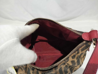FENDI 8BR454 Zucca Pattern Leather Handbag Brown/Red with Circle Logo Hardware