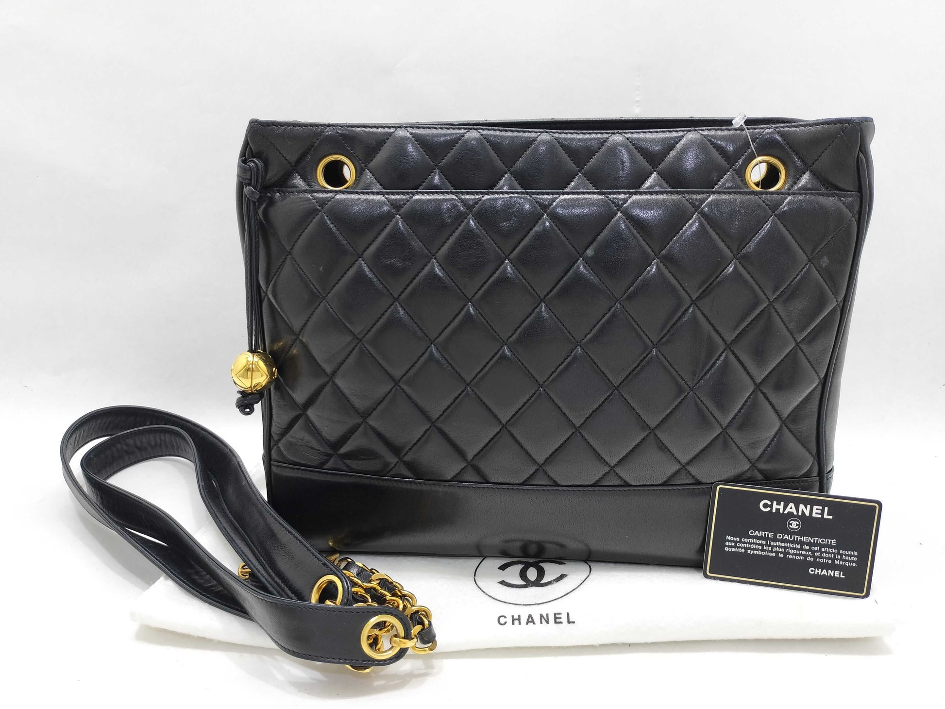 CHANEL [With sticker card] No. 2 Lambskin Chain Tote Bag in Black with Ball Charm