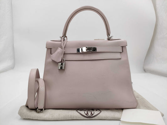HERMES Kelly 28 Swift 2-way Rose Dragee Handbag with Silver Hardware and K Stamp