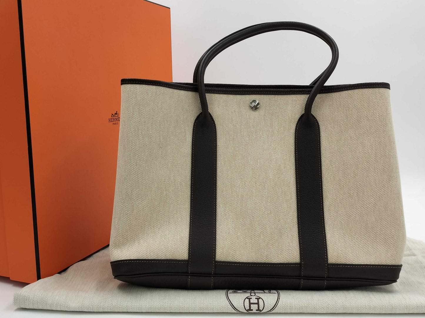 HERMES Garden Party PM Toile Ash Brown O Tote Bag
