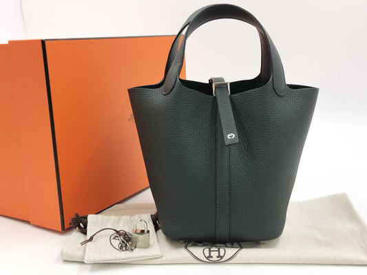 HERMES Picotin Lock 18 Taurillon Clemence Vert Foncé Handbag with Silver Hardware and K Stamp