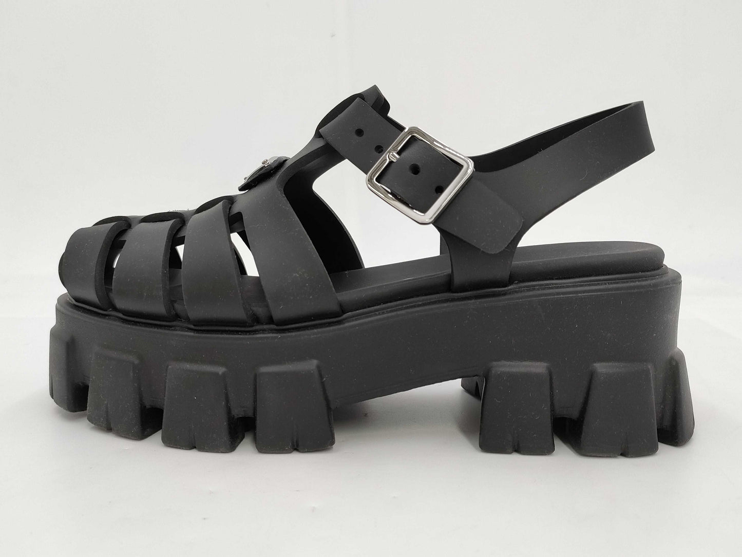 PRADA Triangle Plate Rubber Black Sandals