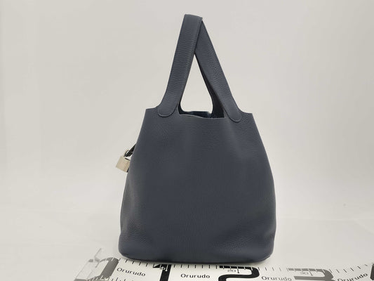 HERMES Picotin Taurillon Clemence Leather Handbag in Navy with Silver Hardware and Y Stamp