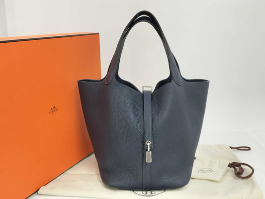 HERMES Picotin Taurillon Clemence Leather Handbag in Navy with Silver Hardware and Y Stamp