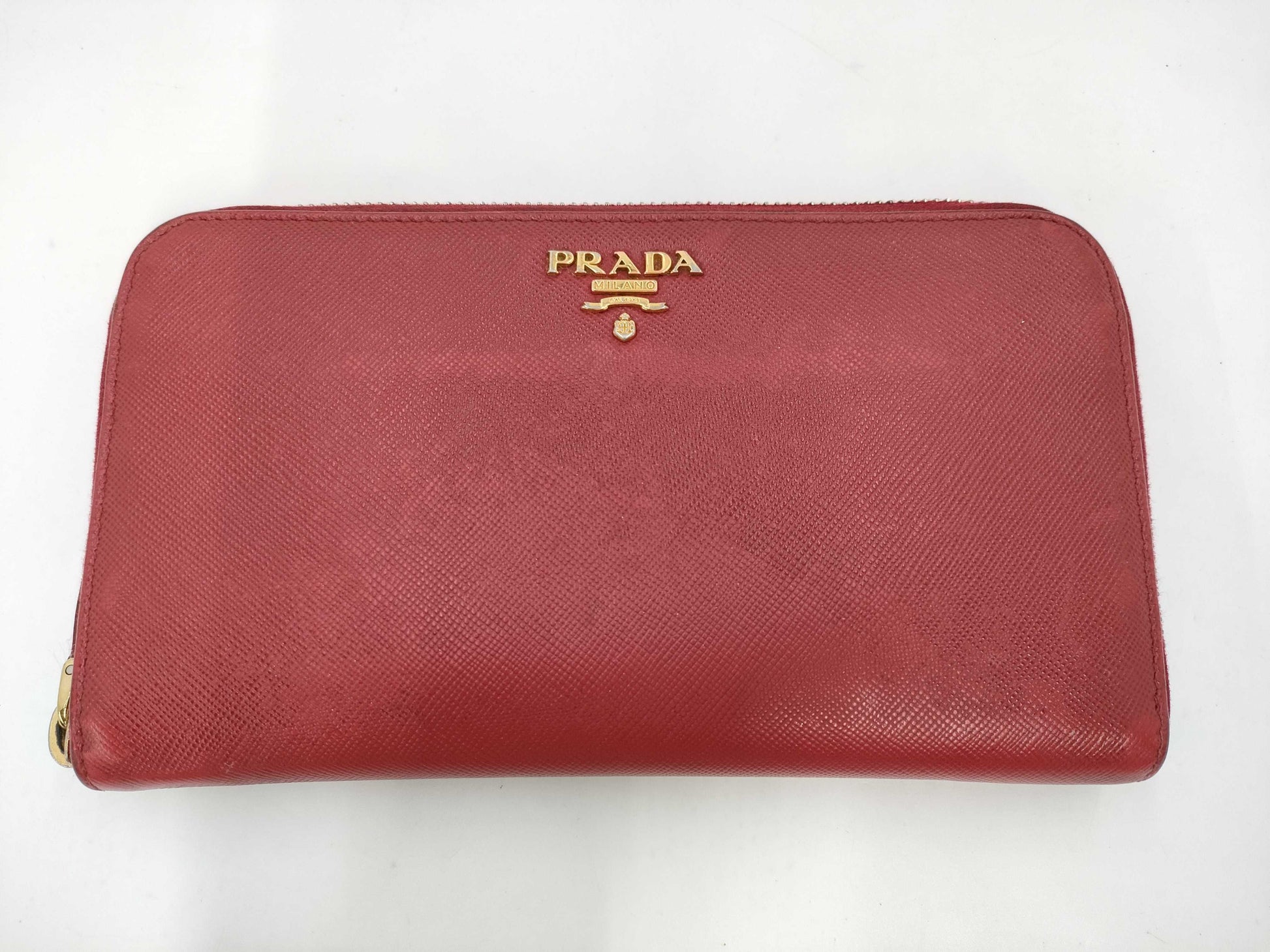 PRADA Saffiano Round Zip Long Wallet Red