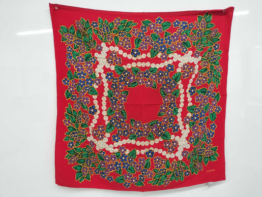 CHANEL floral motif red scarf