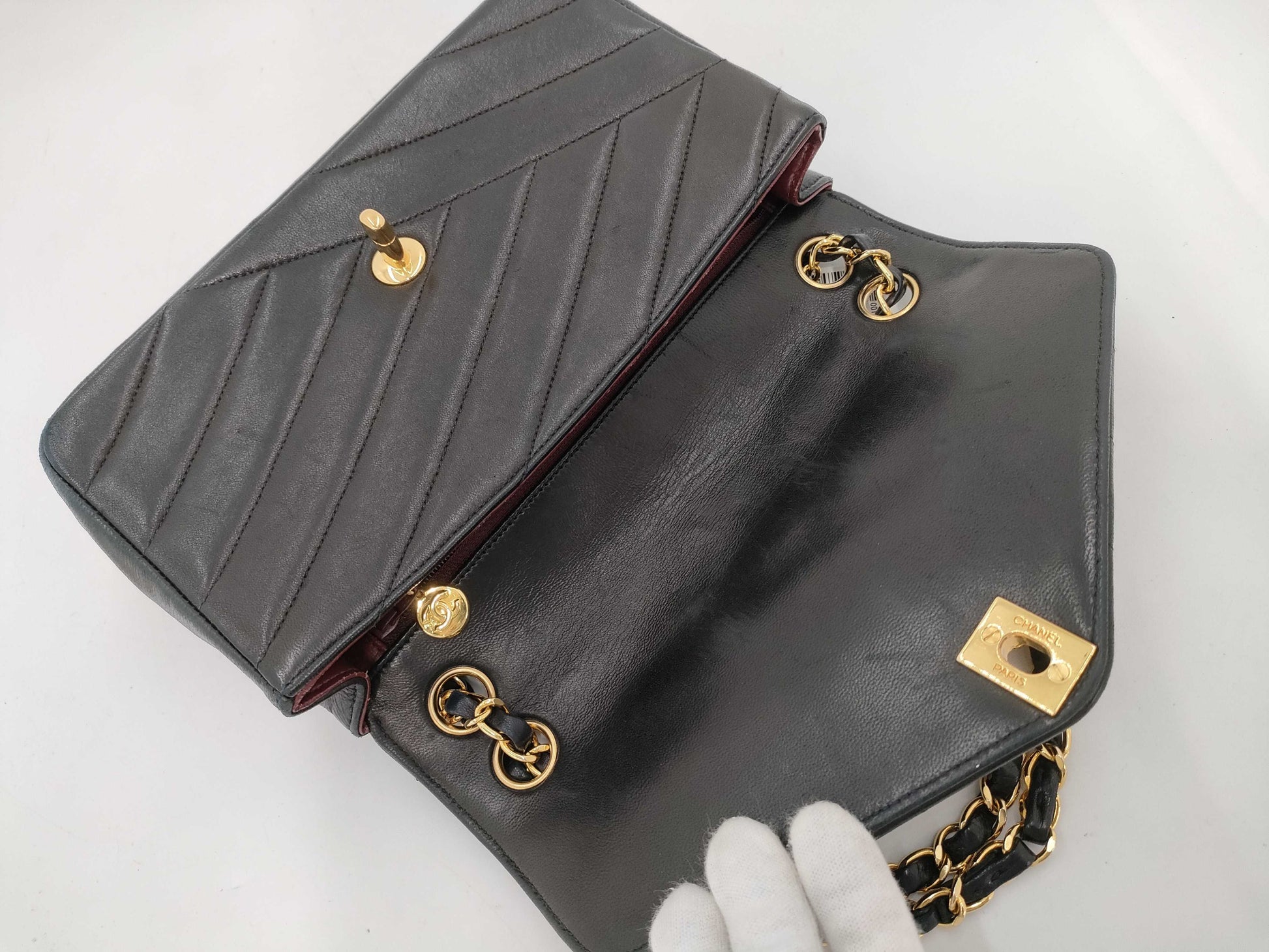 CHANEL Lambskin V-Stitch V-Flap Shoulder Bag