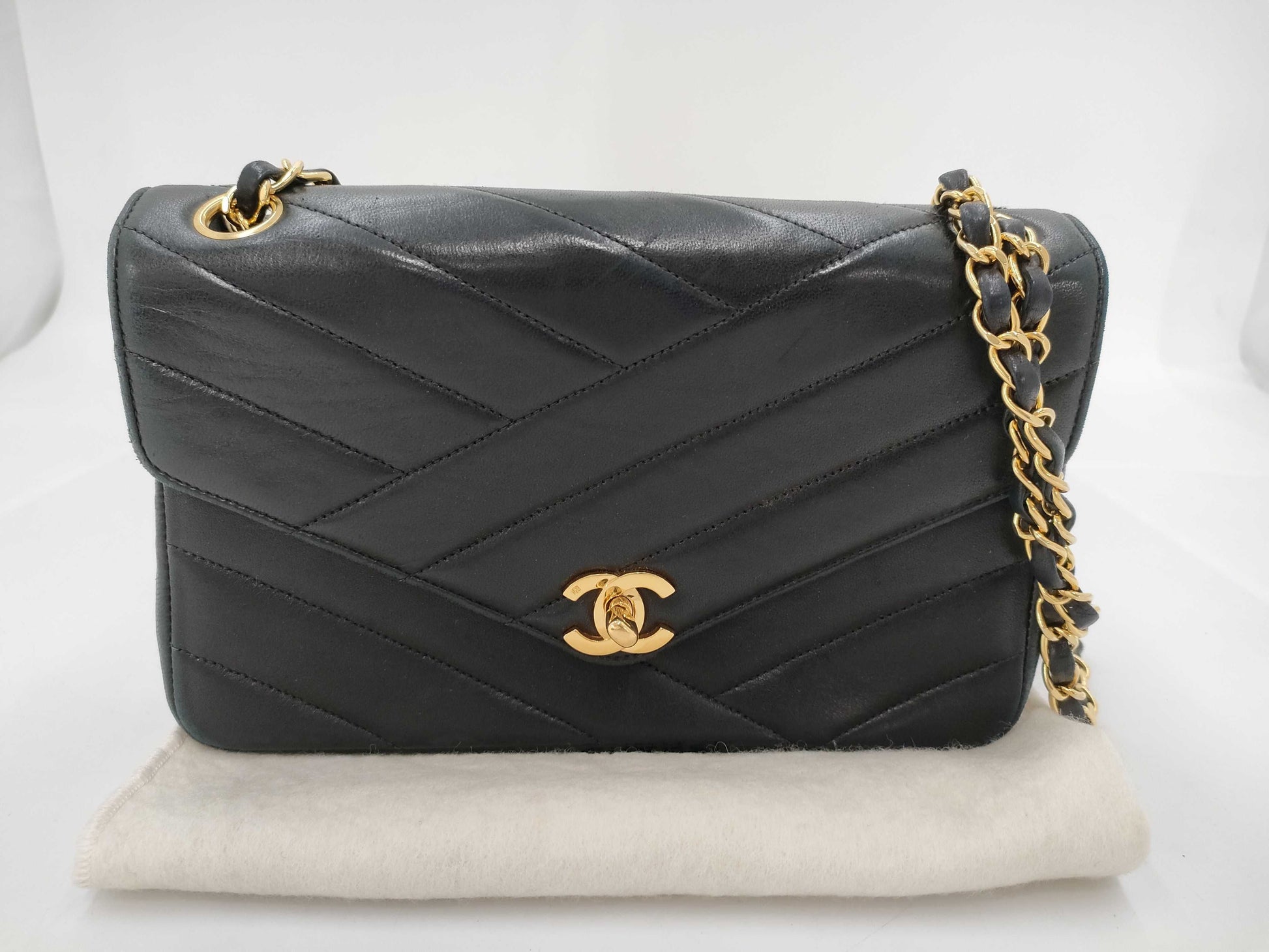 CHANEL Lambskin V-Stitch V-Flap Shoulder Bag
