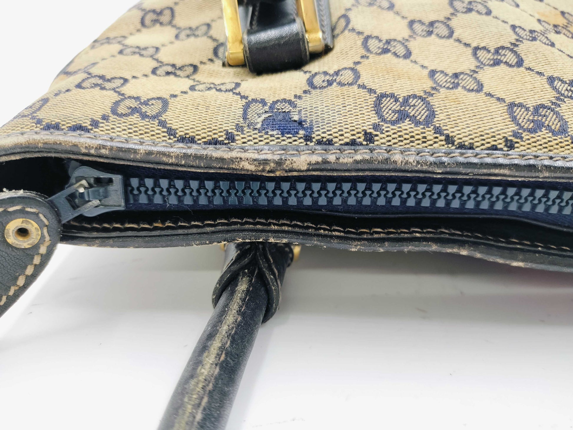 GUCCI GG Canvas Sherry Line Handbag, Old Gucci Handbag with Large Stain