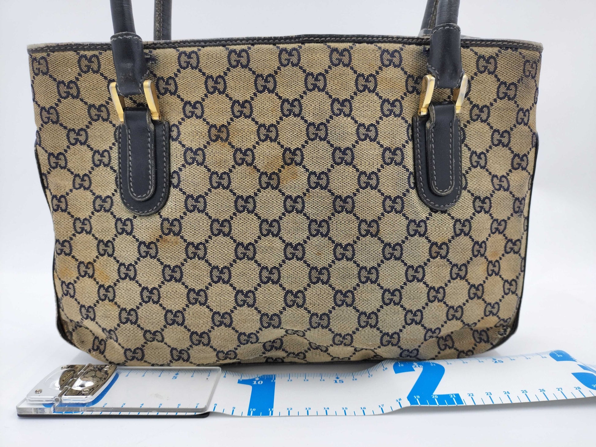 GUCCI GG Canvas Sherry Line Handbag, Old Gucci Handbag with Large Stain