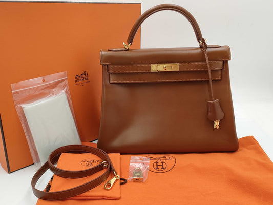 HERMES Kelly 32 Box Calf Leather Brown with Gold Hardware □G Handbag