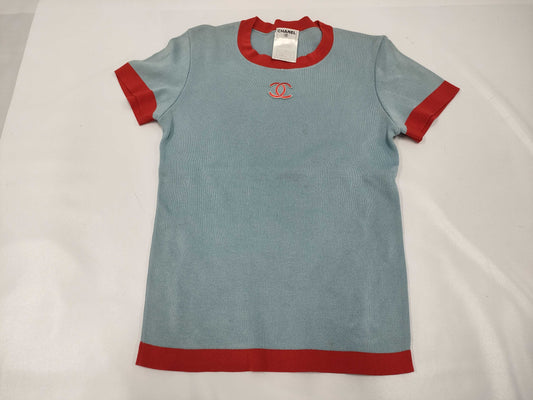 CHANEL Short Sleeve Knit Top with Coco Mark, Size 38