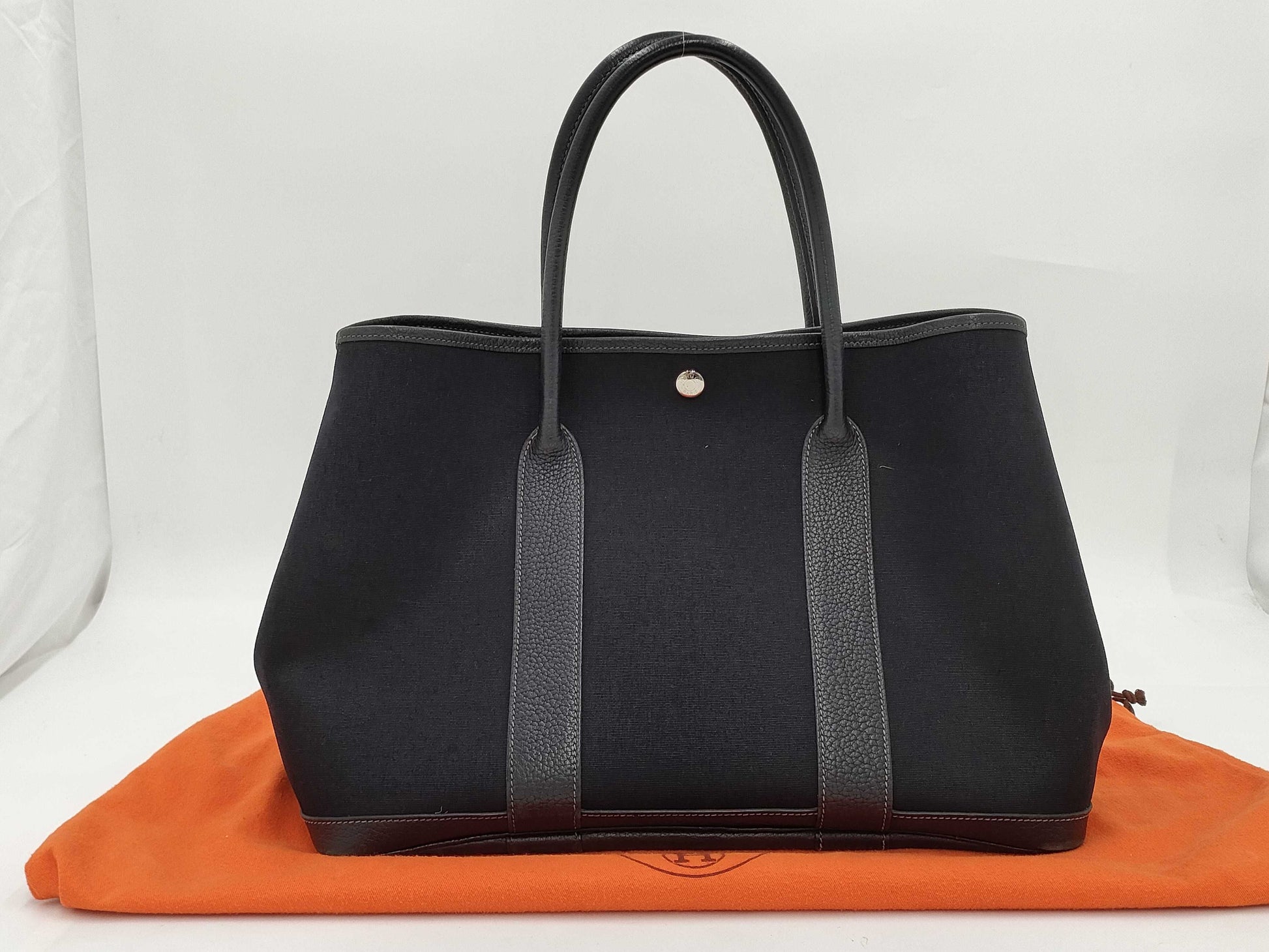 HERMES Garden Party Toile Officier Tote Bag in Black with Sterling Silver Hardware and I Stamp