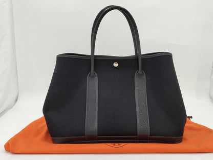 HERMES Garden Party Toile Officier Tote Bag in Black with Sterling Silver Hardware and I Stamp
