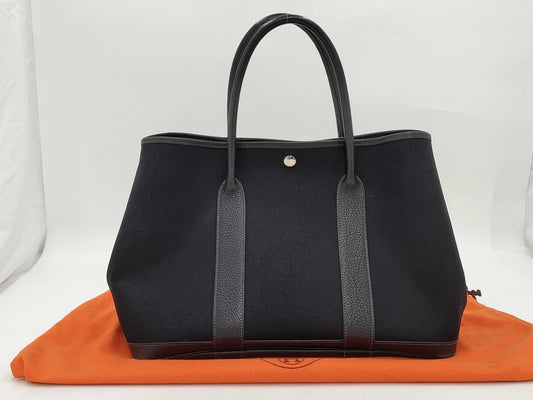HERMES Garden Party Toile Officier Tote Bag in Black with Sterling Silver Hardware and I Stamp