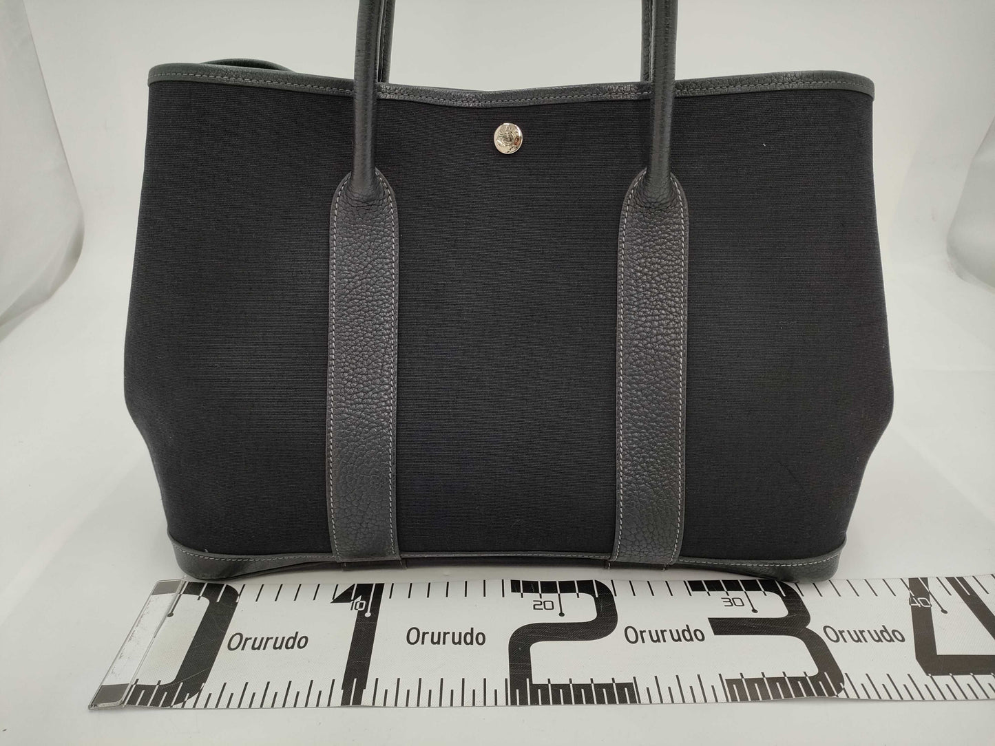 HERMES Garden Party Toile Officier Tote Bag in Black with Sterling Silver Hardware and I Stamp