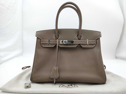 HERMES Birkin 30 Etoupe Epson Silver Hardware □Q Stamp Handbag