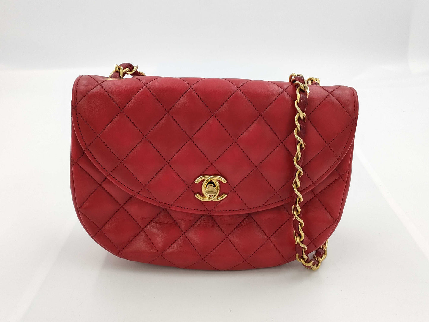 CHANEL Half Moon Matelasse Lambskin Chain Shoulder Bag in Red