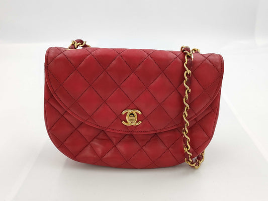 CHANEL Half Moon Matelasse Lambskin Chain Shoulder Bag in Red