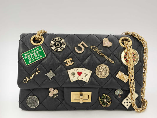 CHANEL Lambskin 2.55 Icon Double Flap Casino Charm Calfskin Black Shoulder Bag