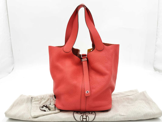 HERMES Picotin Lock MM Taurillon Clemence Leather Handbag with P Stamp, Pink