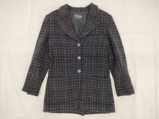 CHANEL Black and Blue Lame P71761 Tweed Jacket Size 34 Jacket