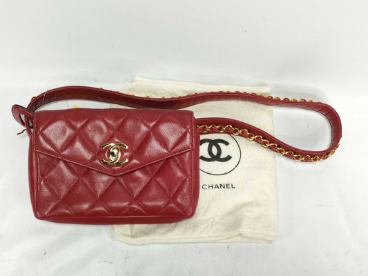 CHANEL Lambskin Matelasse Waist Pouch Red Shoulder Bag